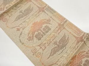 鳥に花葉・幾何学模様織出し名古屋帯